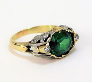 Allsop Bros 14K Gold Emerald Diamond Art Deco Ring