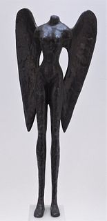 Brutalist Bronze Sculpture of Winged Naked Female
