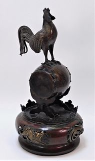 21" Japanese Bronze Rooster on Barrel Okimono