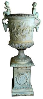 HUGE BRONZE OUTDOOR LAWN URN WITH PUTTI