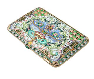 A RUSSIAN GILT SILVER AND SHADED CLOISONNE ENAMEL CIGARETTE CASE, 20TH CENTURY