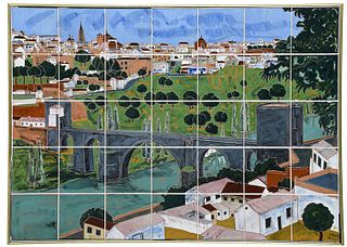 Framed Glazed Tile, Mediterranean Town Scene