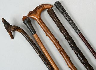 Five Carved Wood Walking Sticks