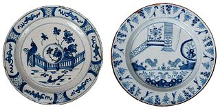 Two Blue and White Delftware Chargers with Birds