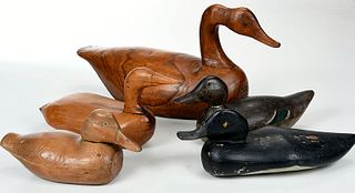 Five Carved Painted and Stained Wood Decoys