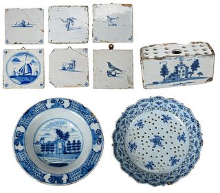 Blue and White Delftware Bowls, Tiles, Frog