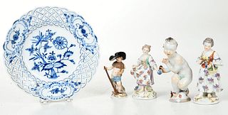 Five Meissen Porcelain Items, Figures and Plate