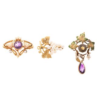 Art Nouveau Gold Brooches & Pearl Grape Brooch