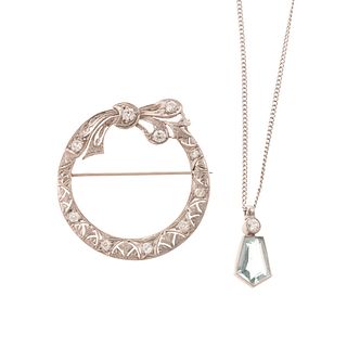 Art Deco Diamond Brooch & Aquamarine Necklace