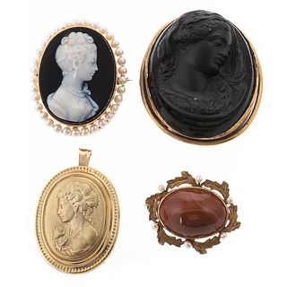 Three Cameo Brooches & Agate Brooch