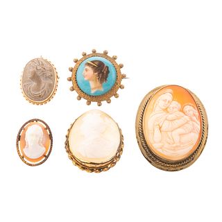 A Collection of Cameos & Hand Painted Brooches