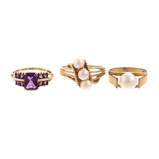 A Trio of Pearl & Amethyst Rings in Gold