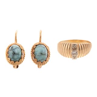 A Pair of 18K Matrix Turquoise Earrings & 10K Ring
