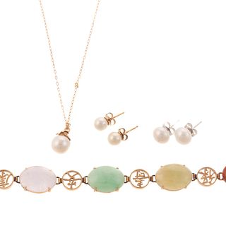 A Multi Color Jade Bracelet & Pearl Jewelry in 14K