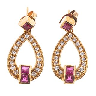 A Pair of Diamond & Ruby Drop Earrings in 14K