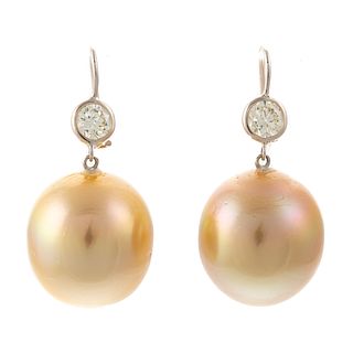 A Pair of 14K Golden SS Pearl & Diamond Earrings