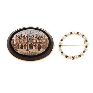 An Antique Micromosaic Brooch & Pearl Pin in 14K