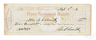 President Ulysses S. Grant signed bank check