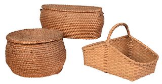 Two Lidded Woven Coil Baskets, Gathering Basket