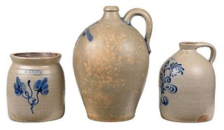 Three Cobalt Decorated Stoneware Vessels