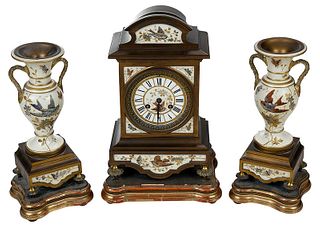 Japy Freres Bronze and Enamel Clock Garniture