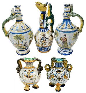 Three Talavera Majolica Ewers and Two Vases