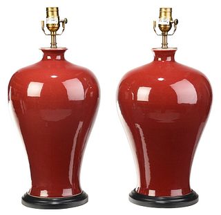 Pair of Oxblood Vases Converted to Lamps
