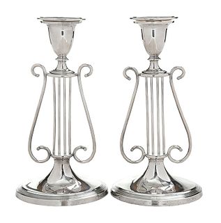 Lyre Form Silver Plate Candlesticks