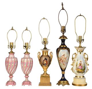 Group of Five Continental Porcelain Lamps