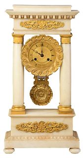 French Empire Gilt Bronze, Marble Portico Clock