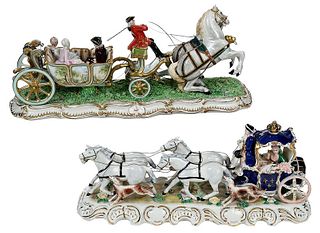 Two Porcelain Horse and Carriage Figural Groups