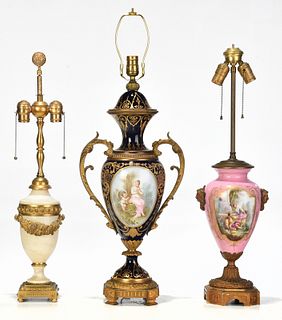 Two Sevres Style Lamps and Marble Urn Form Lamp