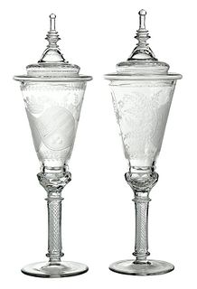 Pair of Engraved Glass Pokals with Coat of Arms