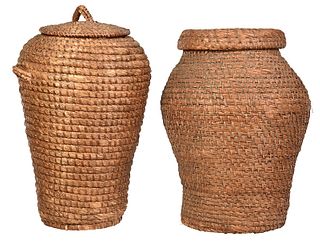 Two Large Coil Woven Storage Baskets with Lids