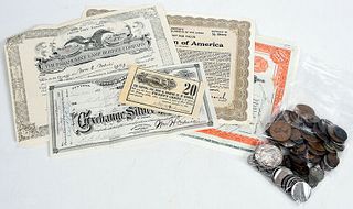 Group of Coins and Stock Certificates