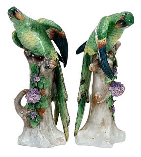 Pair Sitzendorf Hand Painted Porcelain Parrots