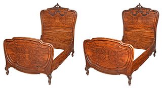 Pair Louis XV Style Carved Walnut Twin Beds