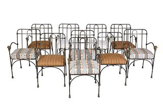 Fine Set of Ten Wrought Iron and Bronze Armchairs