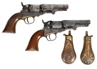 Pair of Colt Pistols and Two Powder Flasks