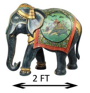 Indian Carved Wooden Polychrome Elephant Sculpture