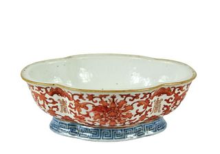 Chinese Porcelain Iron Red Lotus Flower & Bat Bowl