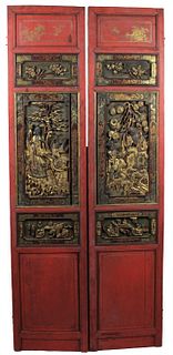 Pair of Chinese Red & Gilt Carved Wooden Panels