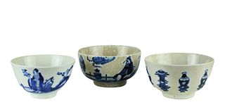 (3) Chinese Blue & White Porcelain Canton Bowls