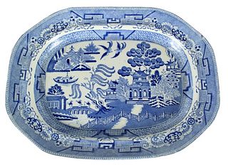 English "Willow Pattern"  Blue & White Porcelain Platter