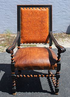 Southwestern Leather & Wood Carved  Arm Chair