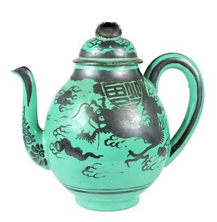 Chinese Green and Black Porcelain Teapot, Signed