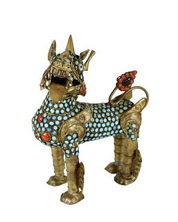 Antique Brass Foo Dog w Turquoise & Coral