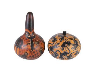 Pair of Peruvian Hand Painted and Carved Gourds
