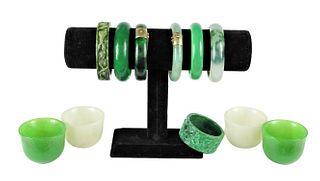Group of Chinese Green Stone Bracelets and Cups