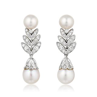 Yard Cultured Pearl and Diamond Drop Earrings